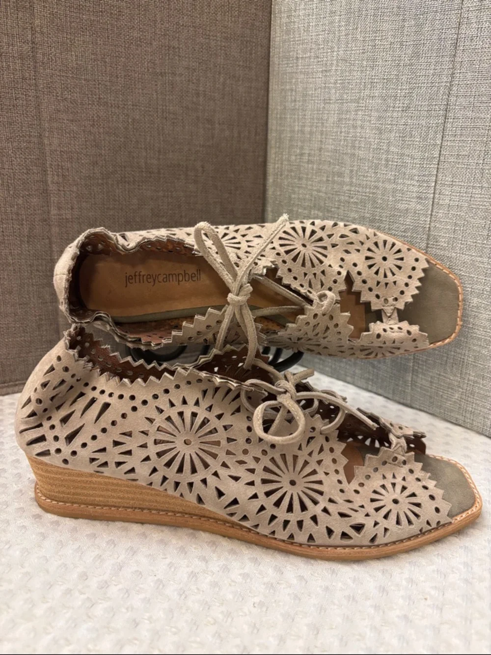 Jeffrey Campbell Espejo 9 Taupe Tan Suede Leather Laser-Cut Lace-Up Wedge Sandal